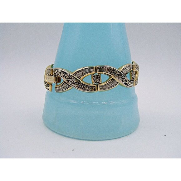 Gold Black X-Link Chain Bracelet Scroll Ornate Design Snap Clasp Size 8" Fashion - Picture 11 of 12